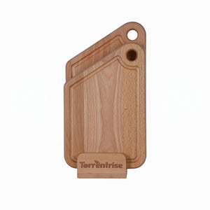 Torrentrise Premium Wooden Cutting Board Set of 2 with Vertical Storage Stand, Beechwood Chopping Boards with Deep Juice Grooves and Thumb Hole, Reversible Wood Serving Trays for Meat, Vegetables and Cheese