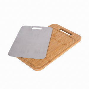 Premium Bamboo Charcuterie Board and Stainless Steel Cutting Board Set, 2-in-1 Reversible Serving Tray with Built-In Compartments, Hygienic Dual-Texture Food Prep Mat with Easy-Grip Handle