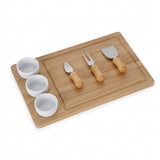 Premium Bamboo Cheese Board and Knife Set with 3 Ceramic Ramekins, 7-Piece Charcuterie Platter and Serving Tray with Juice Groove, Large Wooden Meat and Cheese Platter for Entertaining and Parties