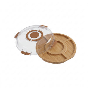 Premium Bamboo Round Charcuterie Board with Clear Locking Lid, Portable 5-Compartment Serving Platter with Foldable Handle, Leakproof Divided Snack Tray for Picnic, Travel and Party