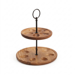 Premium Acacia Wood 2-Tier Cupcake Stand with Metal Handle, Tiered Serving Tray with Carved Egg Grooves, Deviled Egg Platter and Dessert Display Tower for Easter, Parties and Kitchen Decor