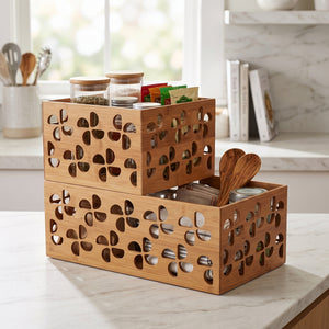 Premium Bamboo Stackable Storage Baskets Set of 2, Decorative Open-Front Wood Desktop Organizer Bins, Carved Floral Cutout Nesting Wooden Crates for Home, Kitchen and Closet