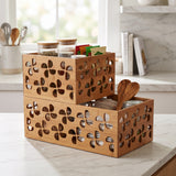 Premium Bamboo Stackable Storage Baskets Set of 2, Decorative Open-Front Wood Desktop Organizer Bins, Carved Floral Cutout Nesting Wooden Crates for Home, Kitchen and Closet