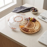 Premium Bamboo Round Charcuterie Board with Clear Locking Lid, Portable 5-Compartment Serving Platter with Foldable Handle, Leakproof Divided Snack Tray for Picnic, Travel and Party