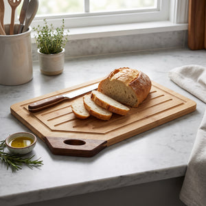 Premium Two-Tone Bamboo Cutting Board with Carbonized Bamboo Accent Handle, Reversible Large Wooden Chopping Board with Deep Juice Groove and Hanging Hole, Knife-Friendly Fruit and Meat Serving Platter