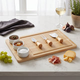 Premium Bamboo Cheese Board and Knife Set with 3 Ceramic Ramekins, 7-Piece Charcuterie Platter and Serving Tray with Juice Groove, Large Wooden Meat and Cheese Platter for Entertaining and Parties