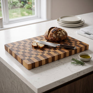 Premium Two-Tone End Grain Wooden Cutting Board, Large Heavy Duty Checkered Butcher Block Chopping Board, Knife-Friendly Reversible Countertop Meat and Cheese Platter for Home Chefs