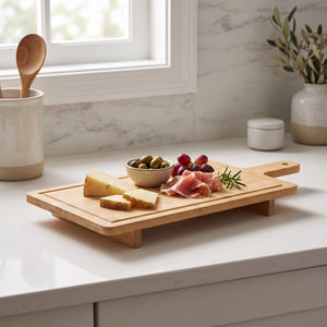Premium Bamboo Cheese Board and Charcuterie Platter with Handle, Elevated Large Wooden Serving Tray with Riser Feet and Juice Groove, Reversible Bamboo Cutting Board for Meat, Sushi and Pastries