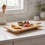 Premium Bamboo Cheese Board and Charcuterie Platter with Handle, Elevated Large Wooden Serving Tray with Riser Feet and Juice Groove, Reversible Bamboo Cutting Board for Meat, Sushi and Pastries