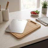 Premium Bamboo Charcuterie Board and Stainless Steel Cutting Board Set, 2-in-1 Reversible Serving Tray with Built-In Compartments, Hygienic Dual-Texture Food Prep Mat with Easy-Grip Handle