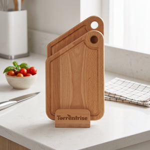 Torrentrise Premium Wooden Cutting Board Set of 2 with Vertical Storage Stand, Beechwood Chopping Boards with Deep Juice Grooves and Thumb Hole, Reversible Wood Serving Trays for Meat, Vegetables and Cheese